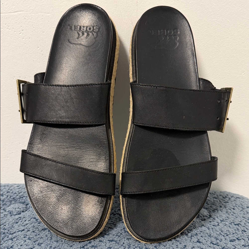 Sorel Black Leather Slide Sandals with Buckle